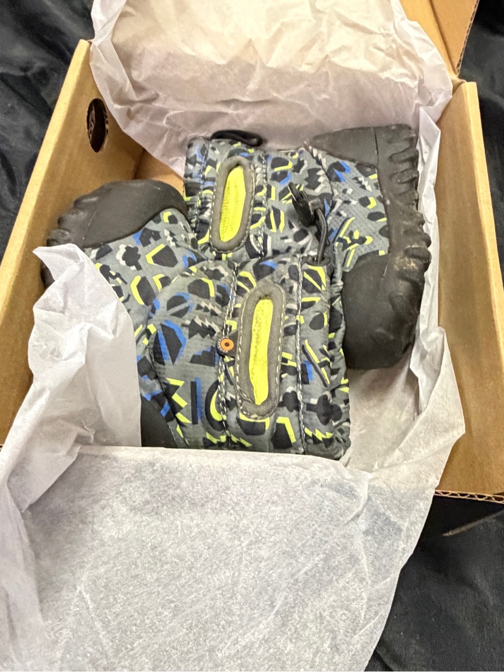 Bogs Kids Gray, Black, Blue & Yellow Patterned Winter Boots